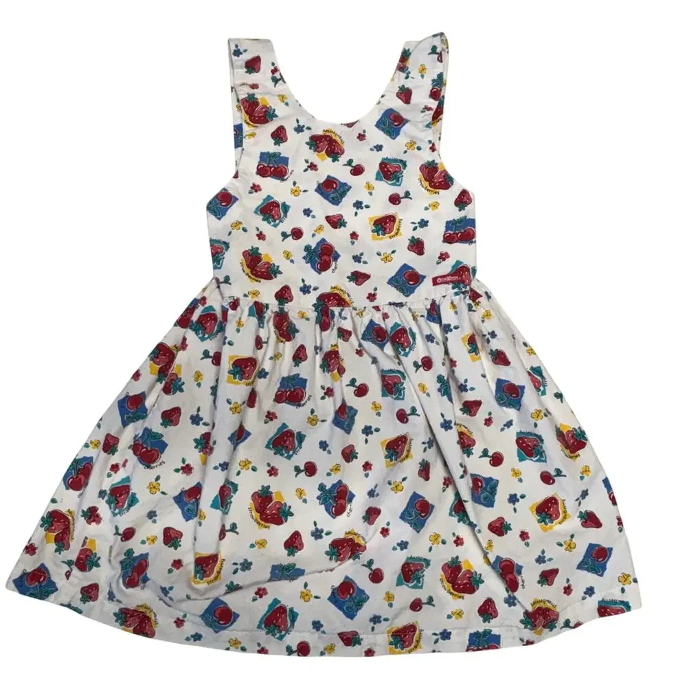 Vintage OshKosh B'Gosh Dress Girls 6X White Jumper Cherry Strawberries Made USA